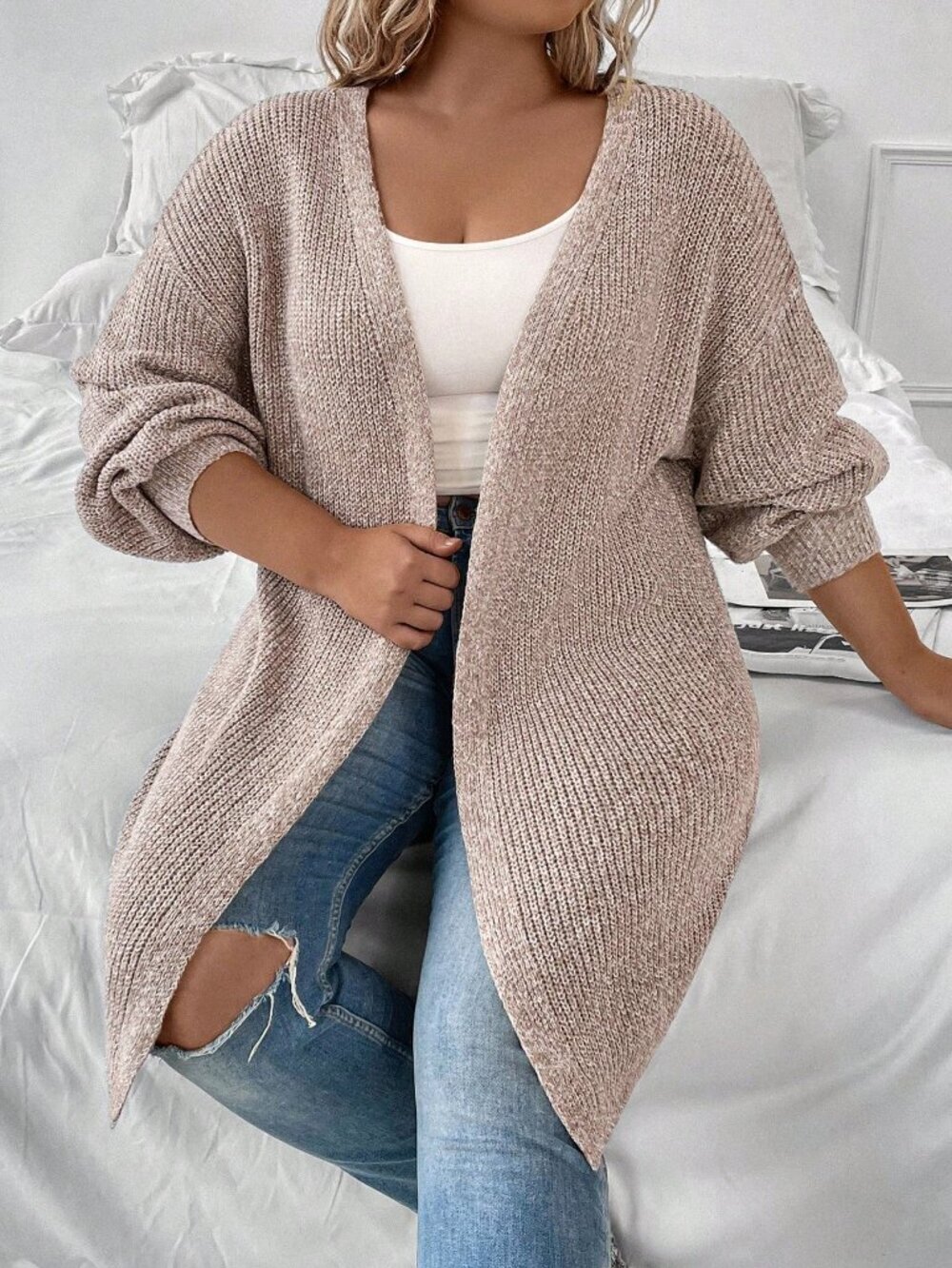 Khaki Casual Women's Plus Size V-Neck Dropped Shoulder Cardigan Sweater